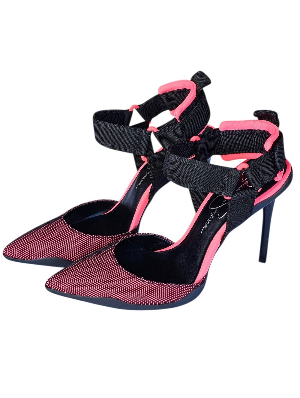 NIB-Jessica Simpson Black and Pink Pointed Toe Ankle-Strap Stilettos